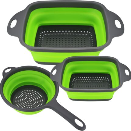 3 Pcs Collapsible Colanders Set, Silicone Colanders & Food Strainers, Foldable Filter Drain Baskets, Kitchen Strainer