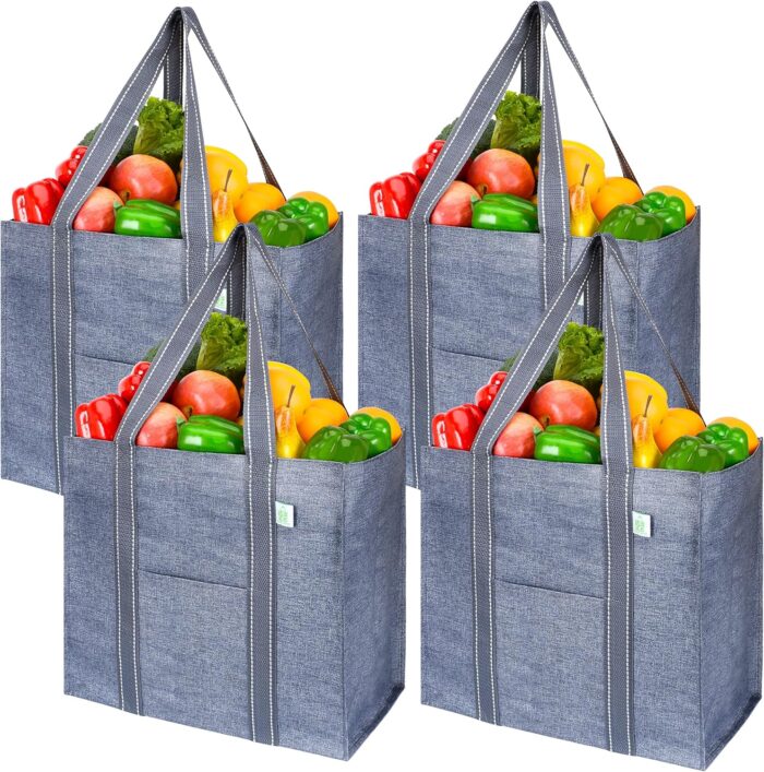 4 Pack Reusable Grocery Shopping Bag w Hard Bottom, Front Pocket, Multi-Purpose