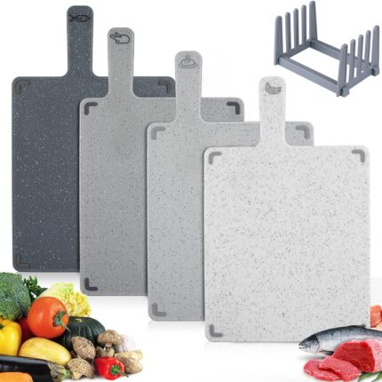 Chopping Board Set, Plastic Colour Coded with Stand, Dishwasher Safe, BPA Free, Durable Kitchen Cutting Boards, Small Serving Tray for Camping, Flexible Easy Grip Handle for Meat, Veg (Grey)