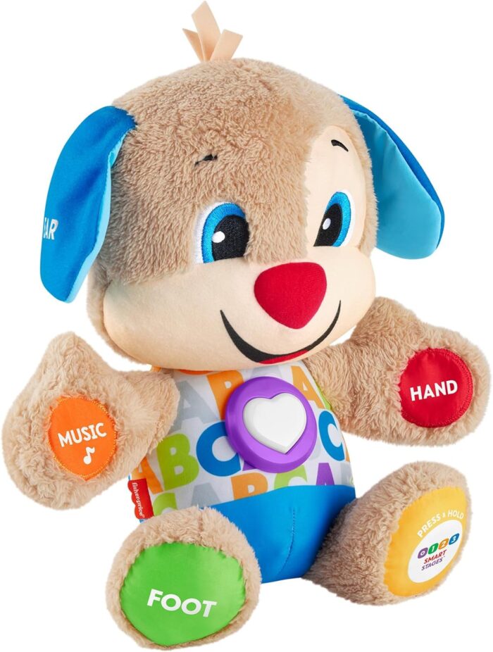 Fisher-Price Laugh & Learn Baby & Toddler Toy Smart Stages Puppy Interactive Plush with Music and Lights for Ages 6+ Months, UK English Version, FPM43