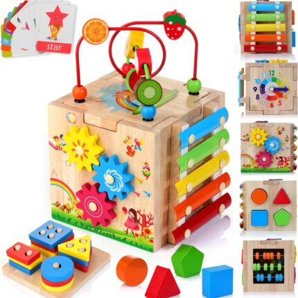 HELLOWOOD Wooden Activity Cube Baby Toys, 8-in-1 Montessori Educational Toy Set