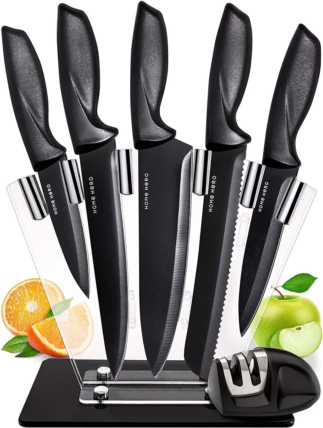 Home Hero Ultra-Sharp Stainless Steel Kitchen Knife Set - Chef Knives Set (7 pcs Set - Black with Knife Block)