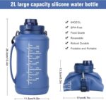 JRing Water Bottle 2L Sports Water Bottle, Time Maker Collapsible Sport Bottle with Straw and Handle for Gym Travel Hiking Camping Outdoor Cycling - Blue
