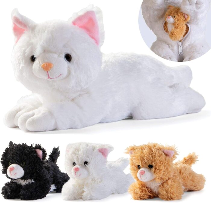 Prextex Plush Cat Toy with Zippered Pouch with 3 Little Plush Baby Kittens Plushlings Collection Soft Stuffed Animal Playset - Great Gift Set for Baby Boy and Girl - Party Favors