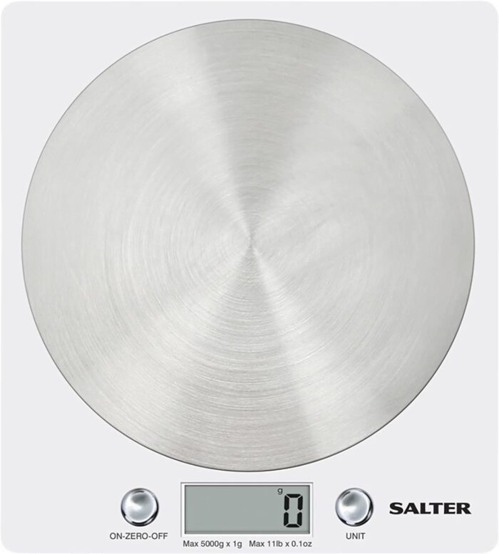 Salter 1036 WHSSDR Disc Electronic Scale - Digital Weighing, Stylish Slim Design, Home Kitchen Cooking, Spun Stainless Steel Platform, Add & Weigh, Measures Liquids Fluids, 5 Kg Capacity, White