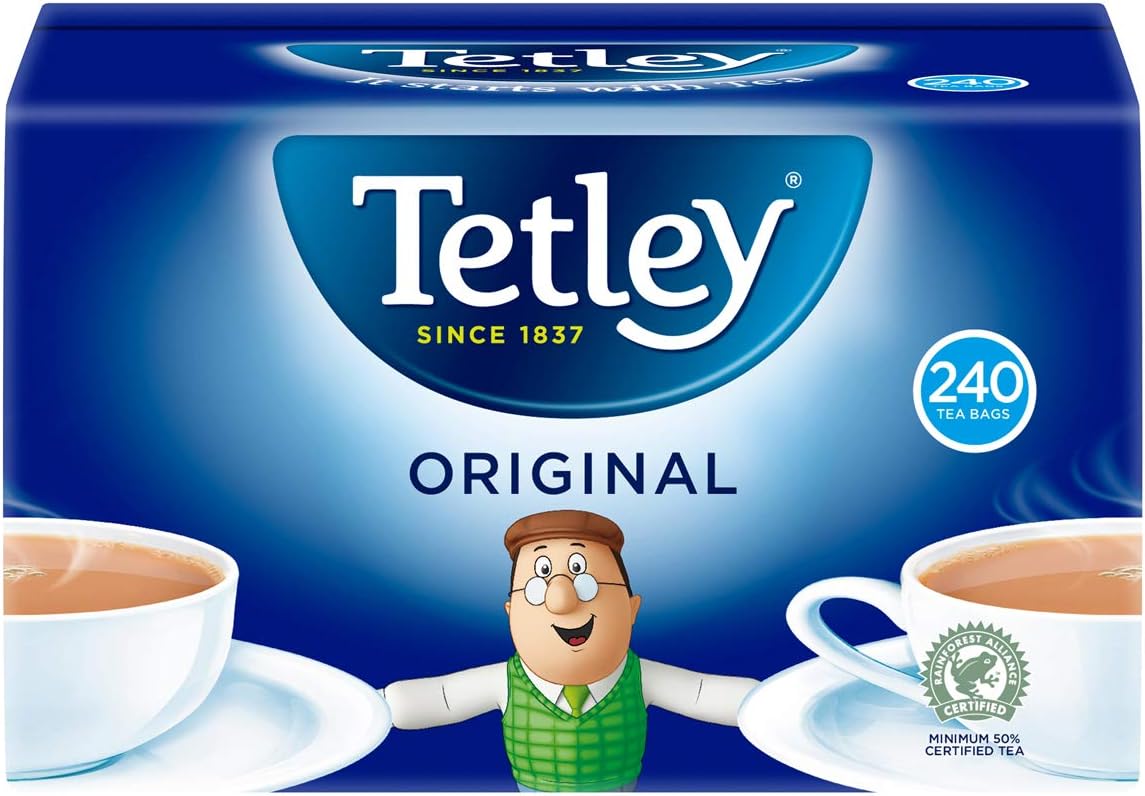 Product Dimensions ‎40 x 20 x 25.2 cm; 750 Grams Item model number ‎453231 Product Name ‎Tetley Tea Bags 240's Allergen Information ‎Contains: Gluten Free Weight ‎750 Grams Volume ‎3780 Cubic Centimetres Units ‎750.0 gram Storage Instructions ‎Store in a cold dry place Serving Recommendation ‎1 Bag Manufacturer contact ‎Tetley Tea Bags 240's Country of origin ‎United Kingdom Brand ‎Tetley Format ‎Bags Speciality ‎Vegetarian Caffeine content ‎Caffeinated Package Information ‎Bag Manufacturer ‎Tata Consumer Products Country of origin ‎United Kingdom Nutrition Facts Serving Size ‎100 ml Carbohydrate ‎0.3 Grams of which: - Sugars ‎0 Grams