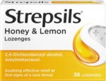 Strepsils Honey & Lemon Lozenges, 36s, Gluten Free, Sore Throat Relief, Soothes Sore Throat, Fights Infection, Works in 5 Mins